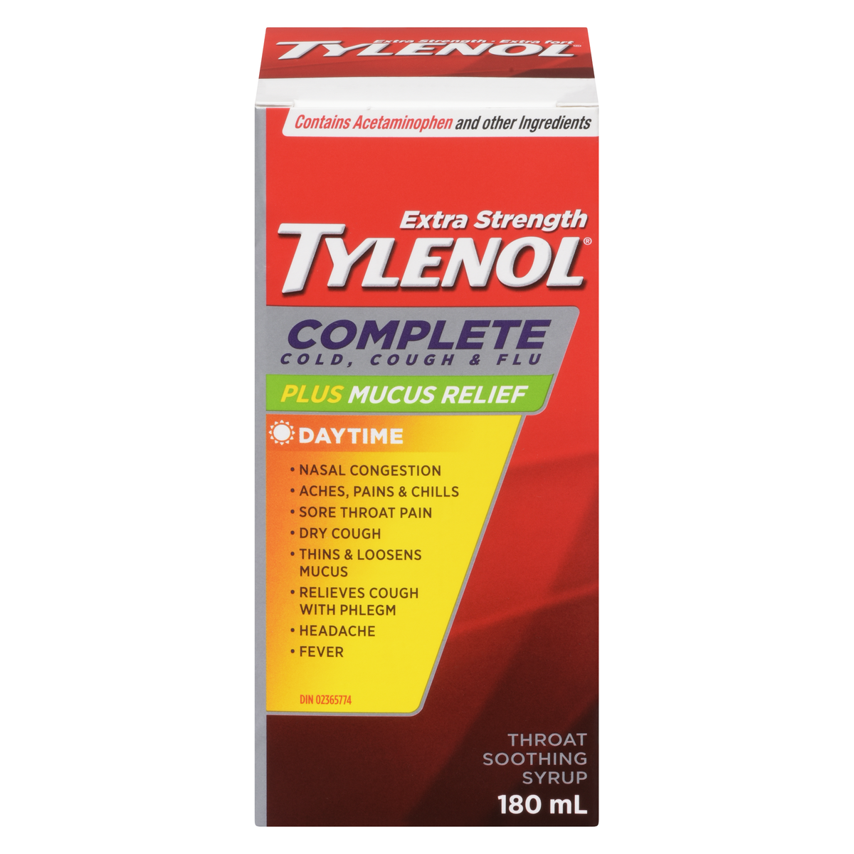 TYLENOL Complete Cold, Cough & Flu Plus Mucus Relief Daytime Extra Strength Syrup, 180 mL
