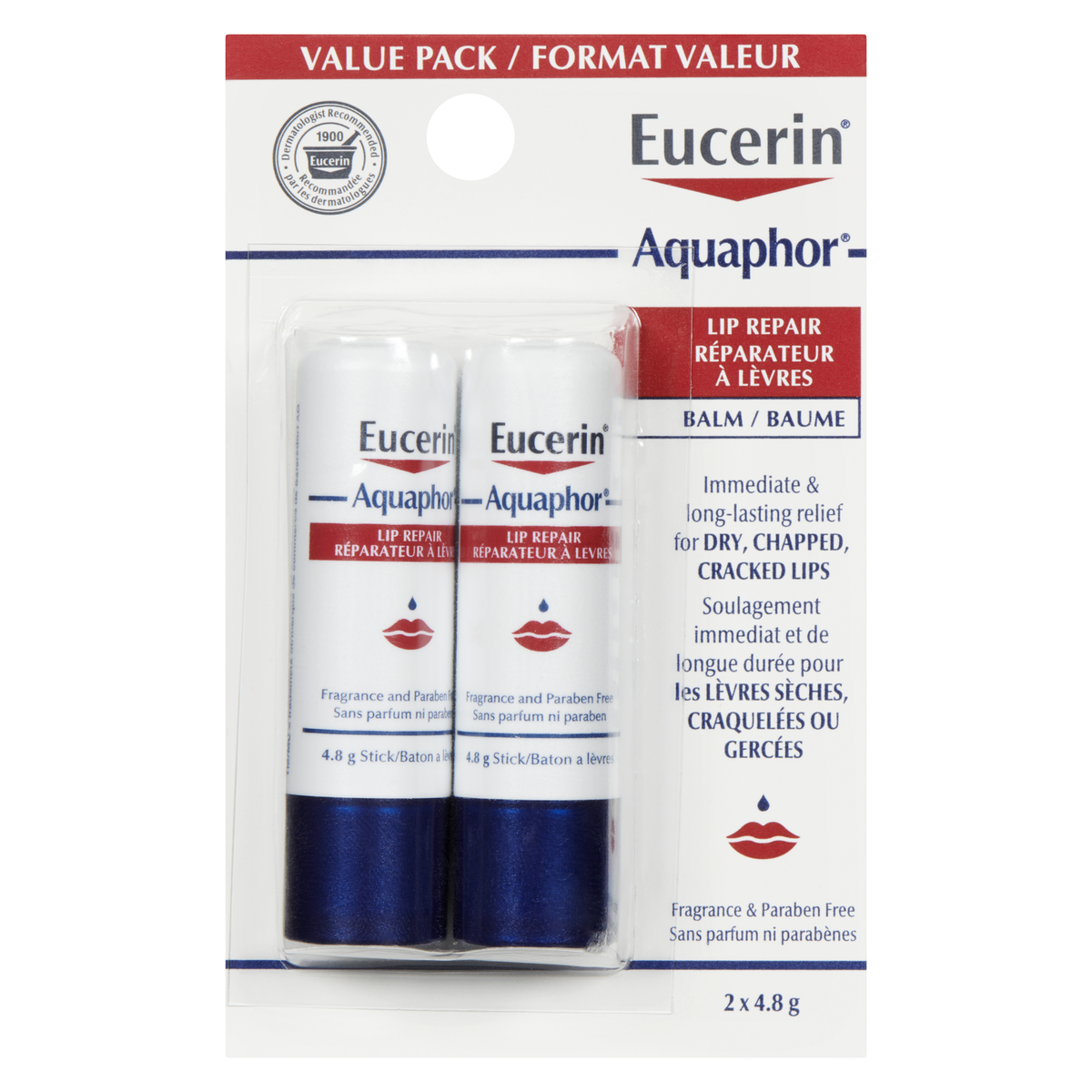 Eucerin Aquaphor Lip Repair Stick Duo Pack, 2 x 4.8 g