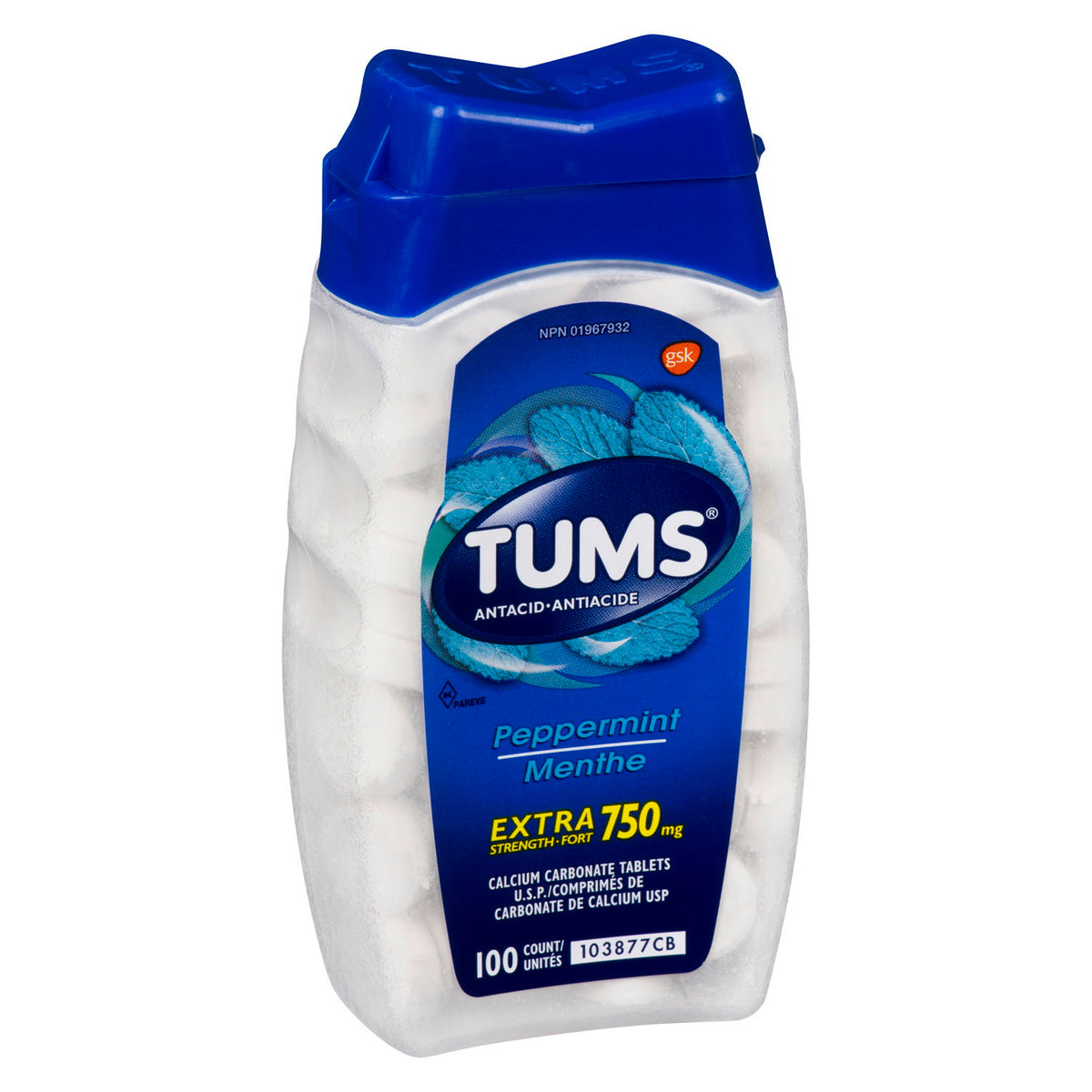 TUMS Extra Strength Peppermint Chewable Antacid Tablets, 750 mg, 100 Count