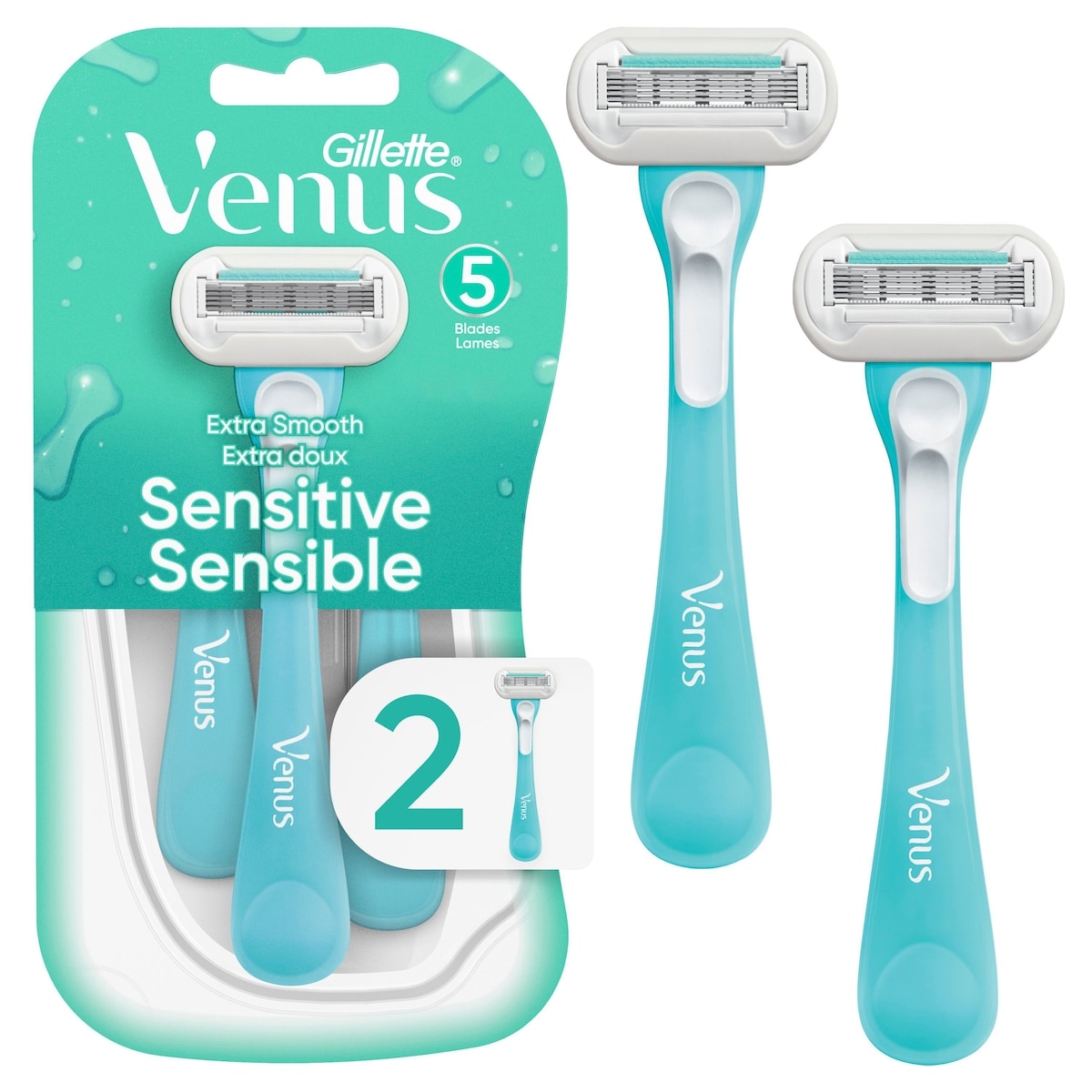Gillette Venus Extra Smooth Sensitive 5-Blade Disposable Razors, 2 Count