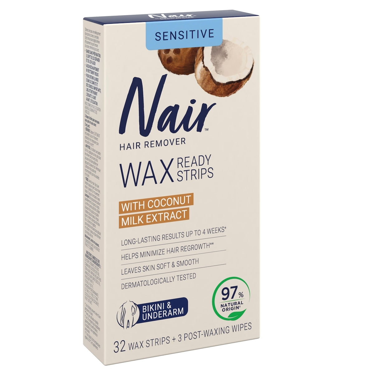 Nair Wax Ready-Strips for Bikini & Underarm with Coconut Milk Oil, 32 Strips + 3 Finishing Wipes