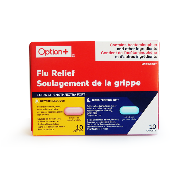 Option+ Extra Strength Flu Relief Day & Night Caplets, 10 Daytime + 10 Nighttime