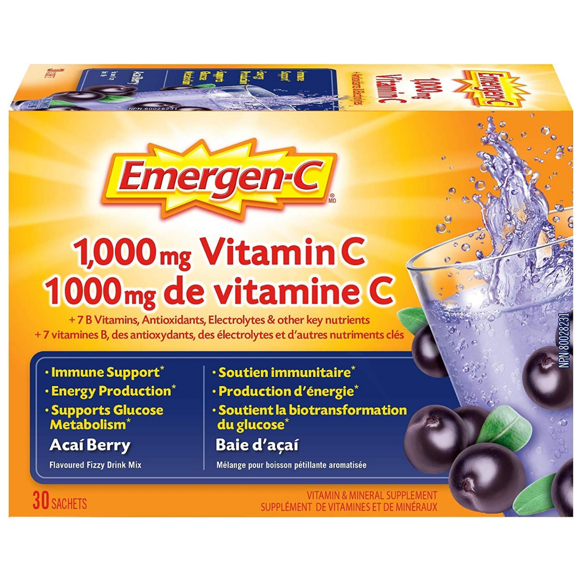 Emergen-C Vitamin C & Mineral Supplement Fizzy Drink Mix, Acai Berry, 30 Packets
