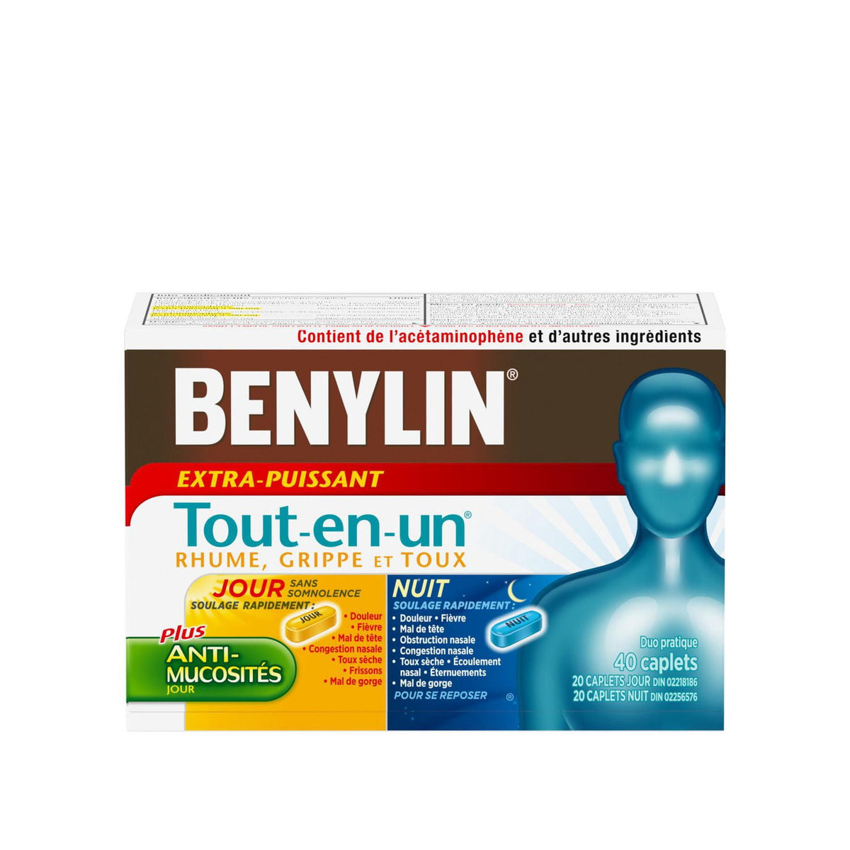 BENYLIN Extra Strength All-In-One Cold, Flu & Cough Day/Night Caplets, 40 Caplets (20 Day + 20 Night)