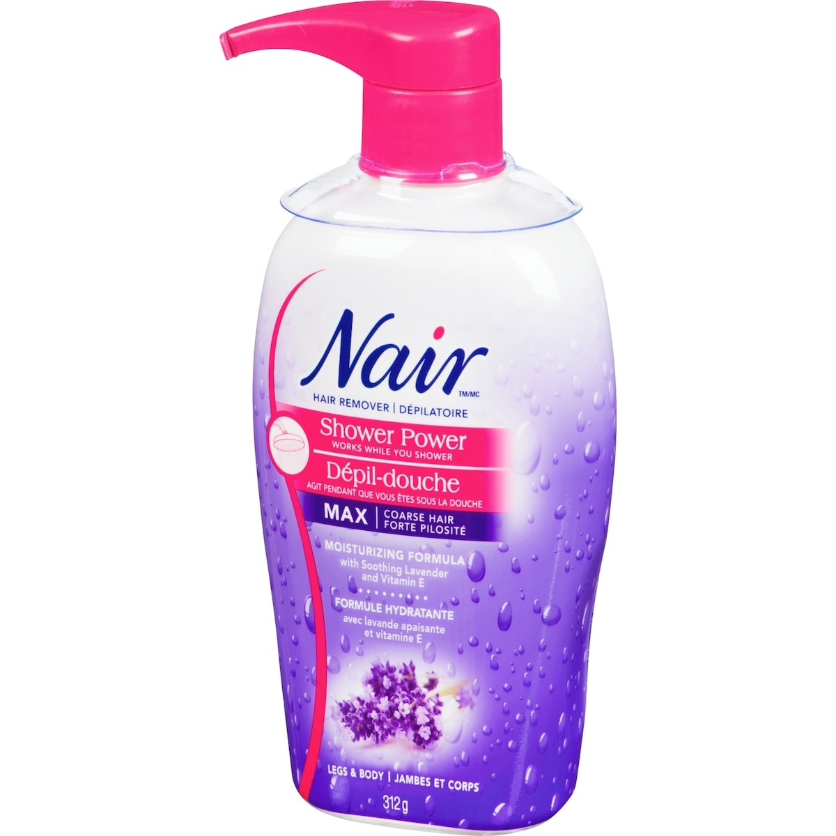 Nair Shower Power Max Hair Remover for Coarse Hair, Soothing Lavender & Vitamin E, 312 g
