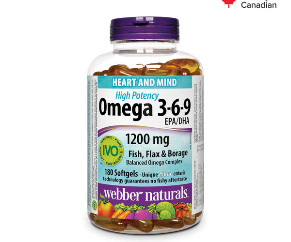 Webber Naturals Omega 3-6-9 High Potency 1200 mg Fish, Flax & Borage, 180 Clear Enteric Softgels