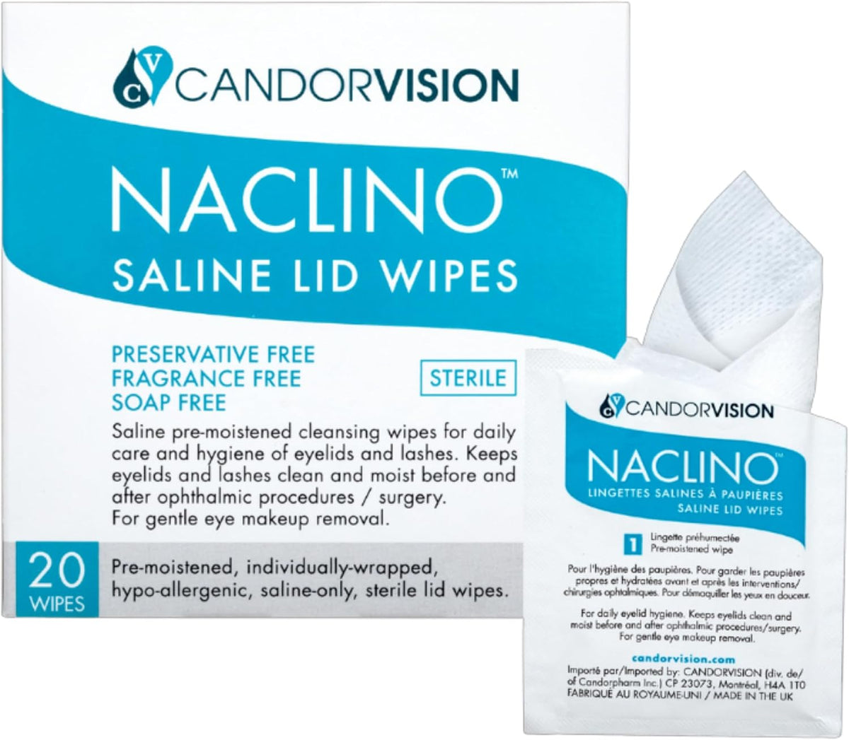 CandorVision NACLINO Saline Lid Wipes, 20 Wipes