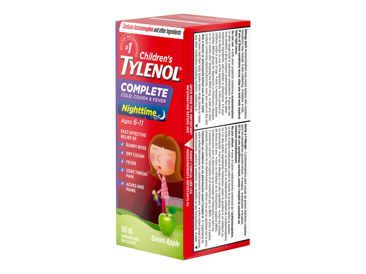 Children's TYLENOL Complete Cold, Cough & Fever Nighttime Liquid Suspension, Green Apple, 100 mL