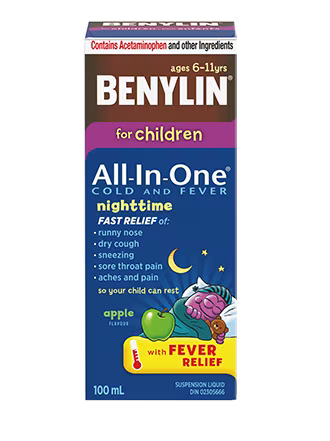 BENYLIN For Children All-In-One Cold & Fever Nighttime Syrup, Apple Flavour, 100 mL
