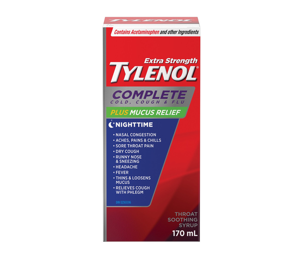 Tylenol Extra Strength Complete Cold, Cough & Flu Plus Mucus Relief Nighttime Syrup, 170 mL