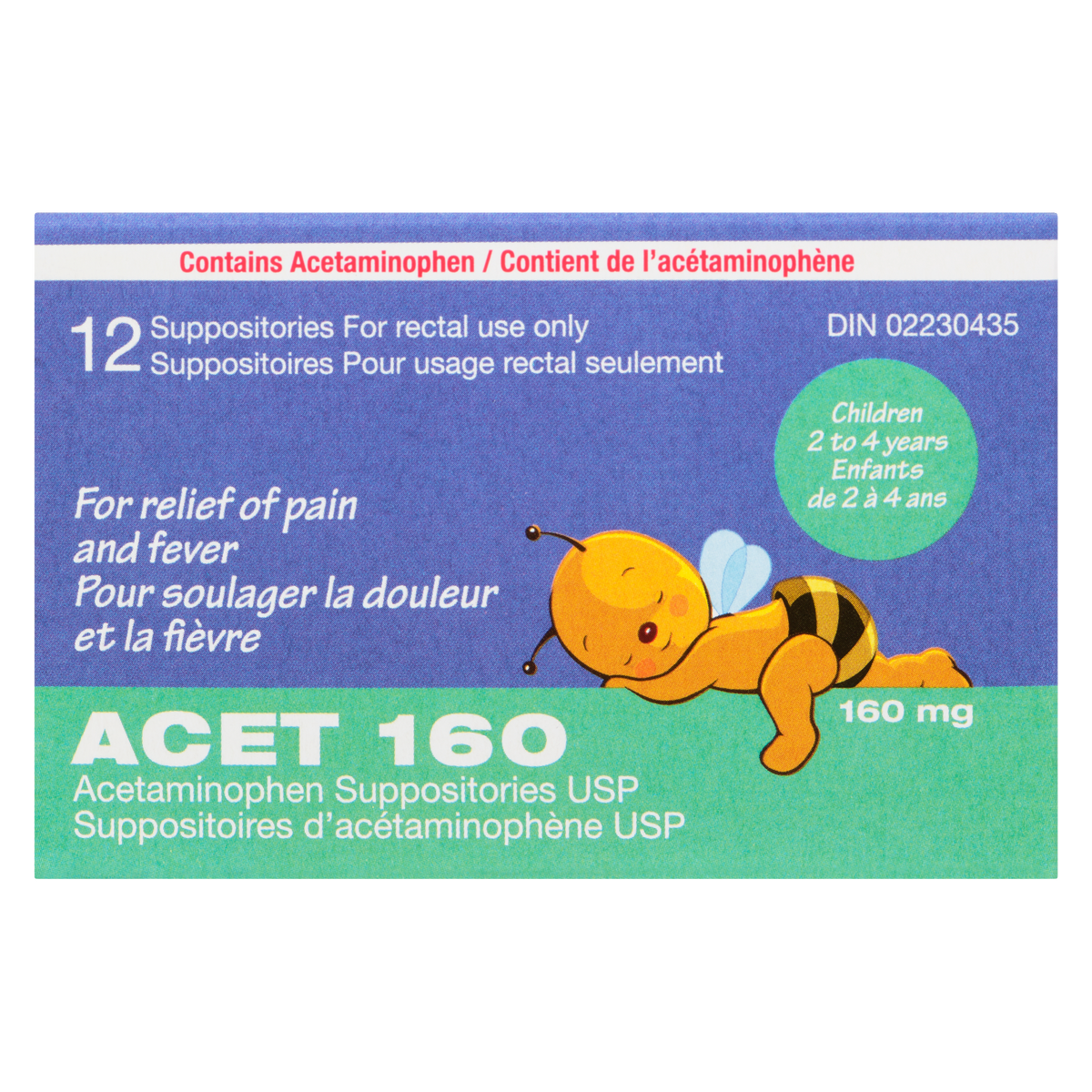 ACET 160 mg Acetaminophen Suppositories USP for Children 2–4 Years, 12 Suppositories