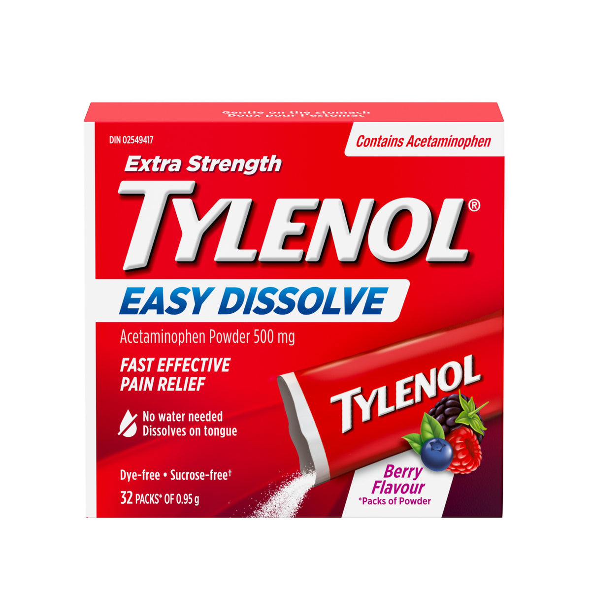 TYLENOL Extra Strength Easy Dissolve Berry 500 mg Powder Sachets, 32 Count