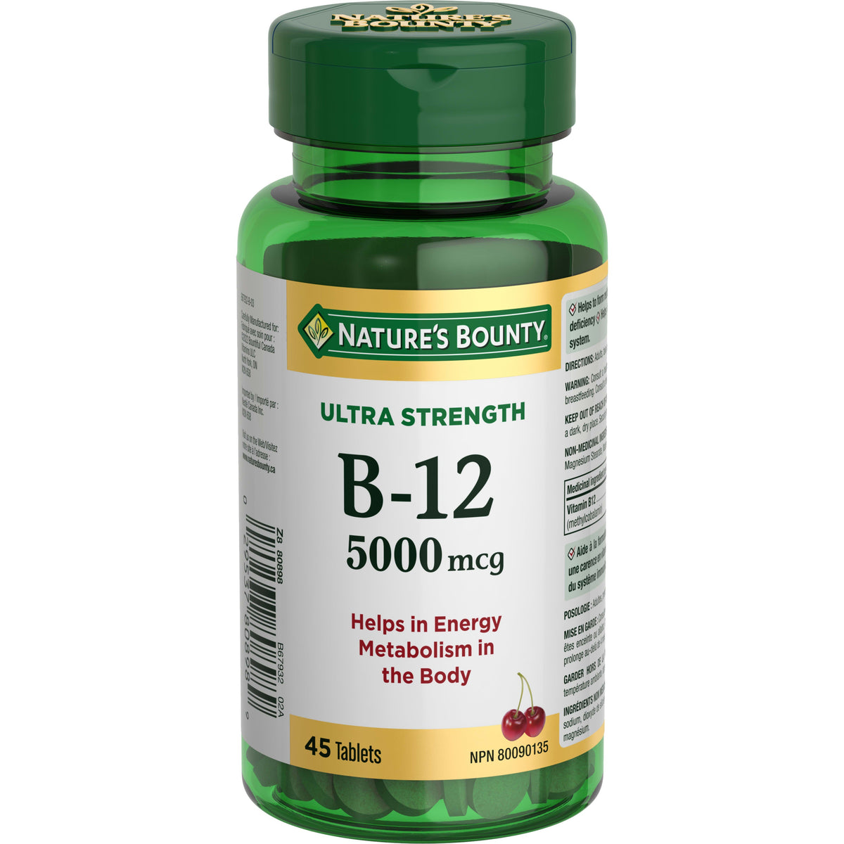 Nature's Bounty Vitamin B-12 Ultra Strength 5000 mcg Cherry Quick Dissolve Tablets, 45 Tablets