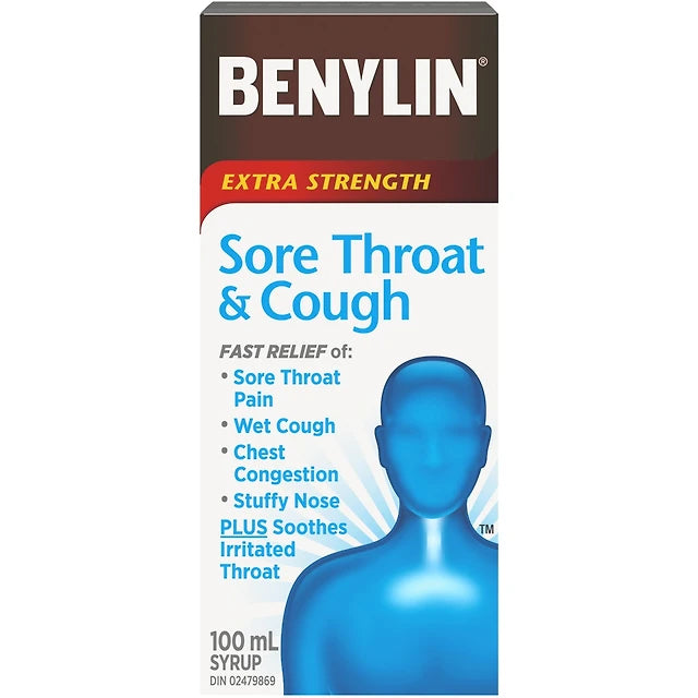 BENYLIN Extra Strength Sore Throat & Cough Syrup, 100 mL