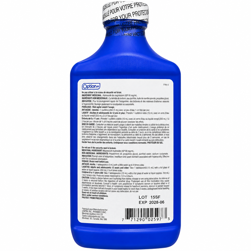 Option+ Milk of Magnesia Oral Suspension 80 mg/mL, Pleasant Mint, 500 mL
