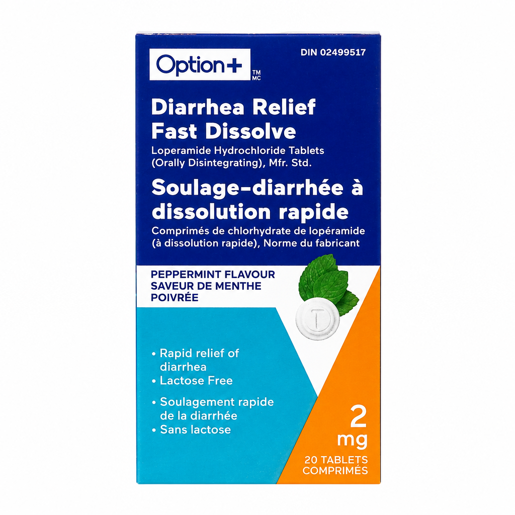 Option+ Diarrhea Relief Fast Dissolve Tablets, Peppermint Flavour, 2 mg, 20 Tablets
