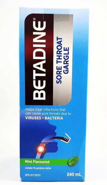 Betadine sore throat gargle : helps treat infections that can cause sore throats due to viruses/bacteria.