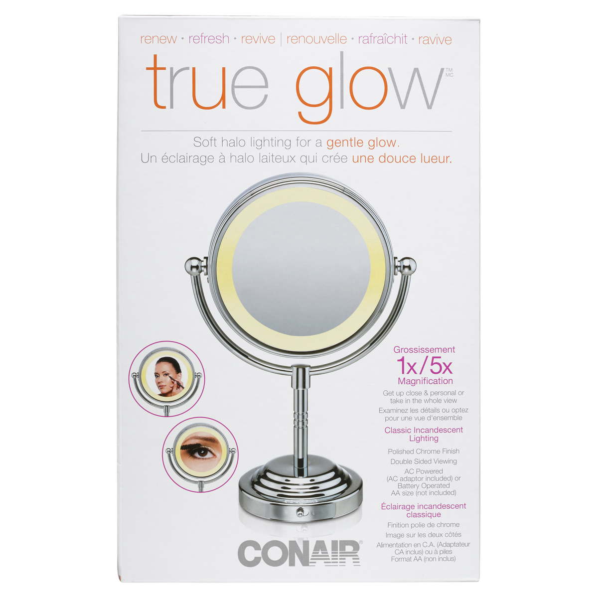 Conair True Glow Soft Halo Lighted Makeup Mirror, 1x/5x Magnification