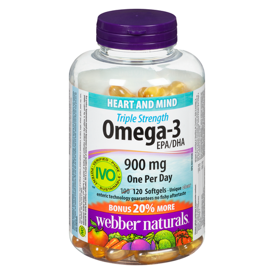 Webber Naturals Triple Strength Omega-3 900 mg EPA/DHA Clear Enteric Softgels, 120 Count