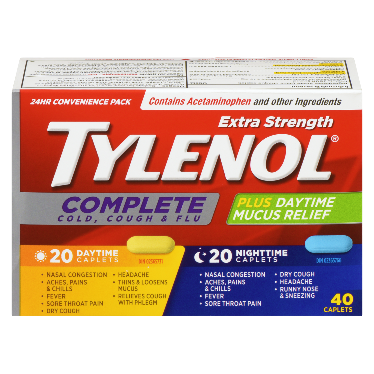 Tylenol Complete Extra Strength Cold, Cough & Flu Day & Night Caplets, 20 Day + 20 Night