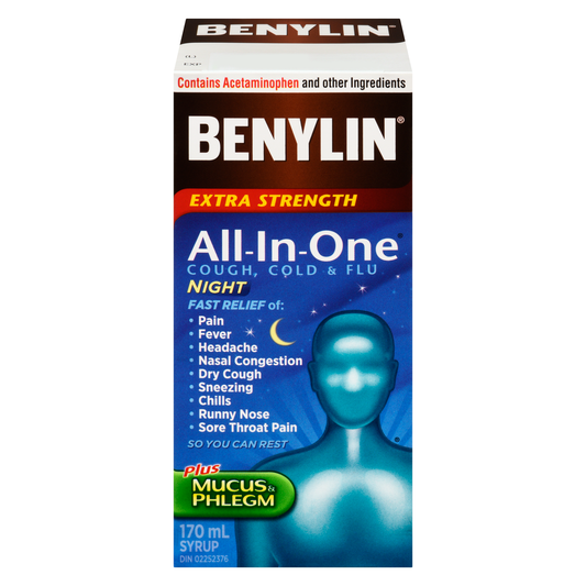 BENYLIN Extra Strength All-In-One Cold & Flu Night Syrup, 170 mL