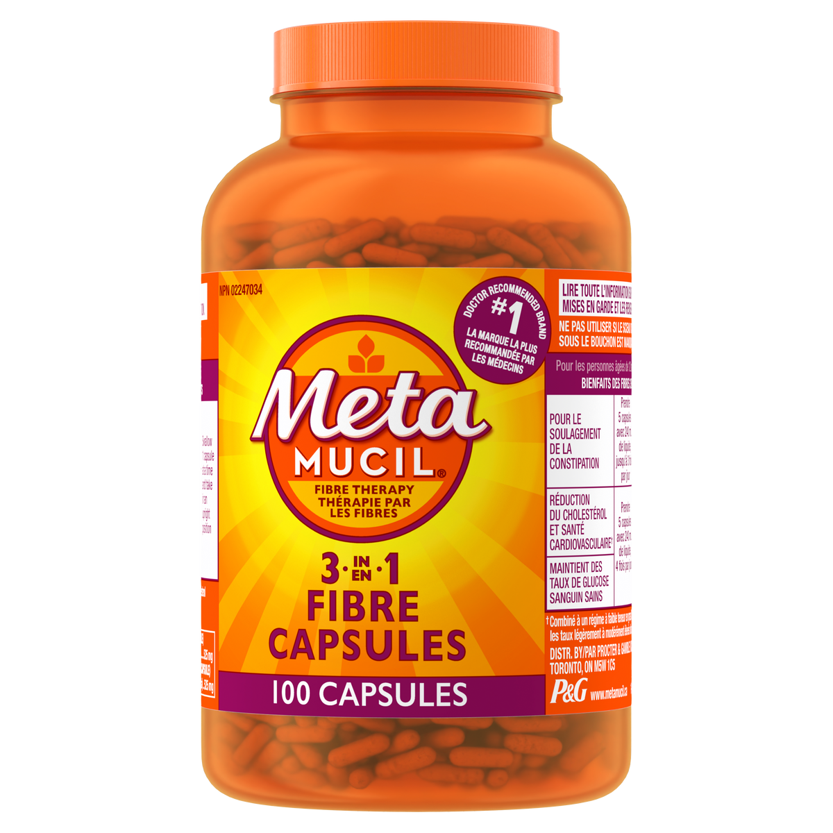 Metamucil 3-in-1 MultiHealth Fibre Capsules, Sugar-Free, 100 Capsules