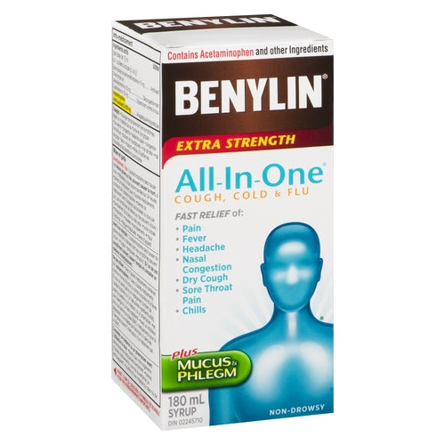 BENYLIN Extra Strength All-In-One Cough, Cold & Flu Syrup, 180 mL