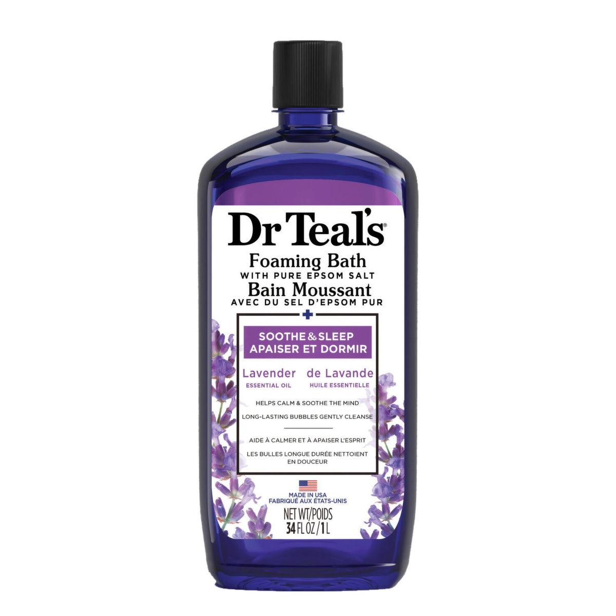 Dr Teal's Foaming Bath with Pure Epsom Salt, Soothe & Sleep with Lavender Essential Oil, 1 L