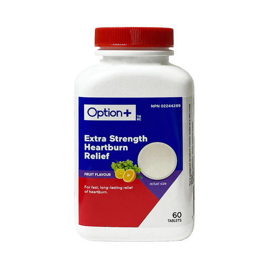 Option+ Extra Strength Heartburn Relief Chewable Foaming Tablets, Fruit Flavour, 60 Tablets