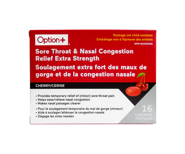 Option+ Extra Strength Sore Throat & Nasal Congestion Relief Cherry Lozenges, 16 Lozenges