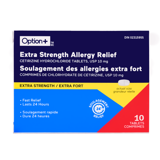 Option+ Extra Strength Allergy Relief Cetirizine Hydrochloride 10 mg Tablets, 10 Tablets