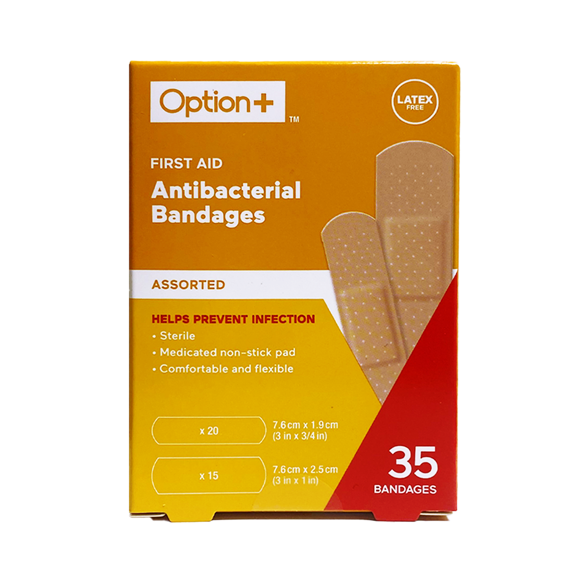 Option+ Antibacterial Bandages, Assorted Sizes, 35 Bandages