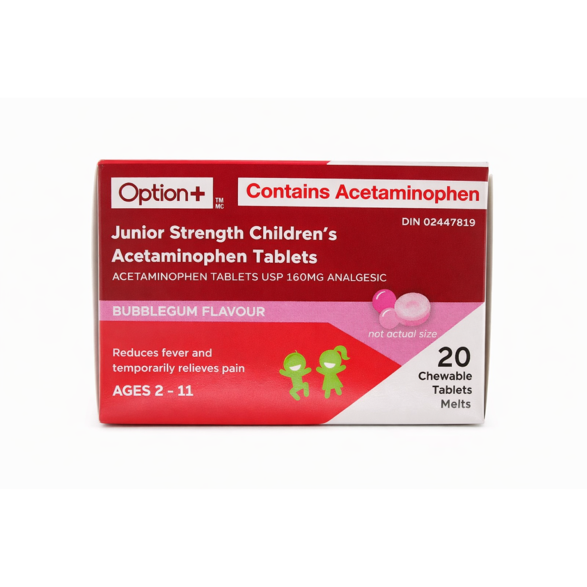 Option+ Junior Strength Children's Acetaminophen Bubblegum Flavour Chewable Tablets 160 mg, 20 Tablets