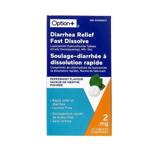 Option+ Diarrhea Relief Fast Dissolve Tablets, Peppermint Flavour, 2 mg, 20 Tablets