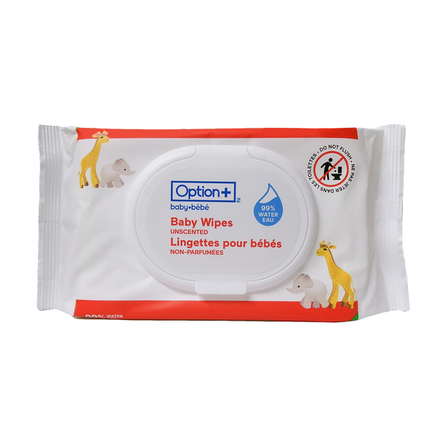 Option+ 99% Water Baby Wipes, Unscented, 56 Wipes