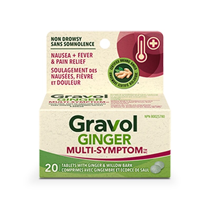 Gravol Ginger Multi-Symptom Cold & Fever Tablets with Willow Bark, 20 Tablets