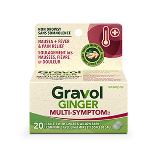Gravol Ginger Multi-Symptom Cold & Fever Tablets with Willow Bark, 20 Tablets