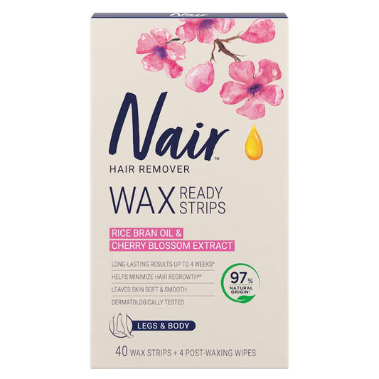 Nair Wax Ready-Strips for Legs & Body with Rice Bran Oil, 40 Count