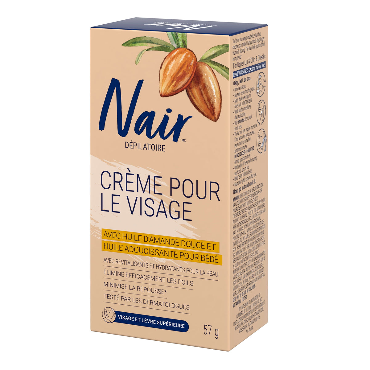 Nair Hair Removal Cream for Face & Upper Lip with Sweet Almond Oil & Baby Oil, 57 g