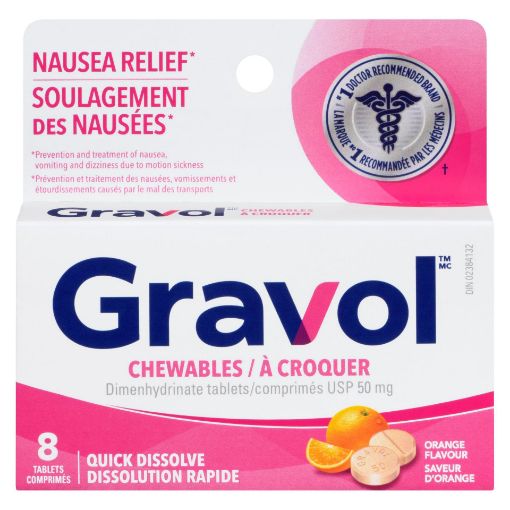 Gravol Quick Dissolve Chewable Orange Flavour 50 mg Tablets, 8 Count