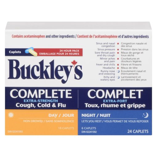 Buckley’s Complete Extra Strength Cough, Cold & Flu Day/Night Caplets, 24 Caplets (18 Day + 6 Night)