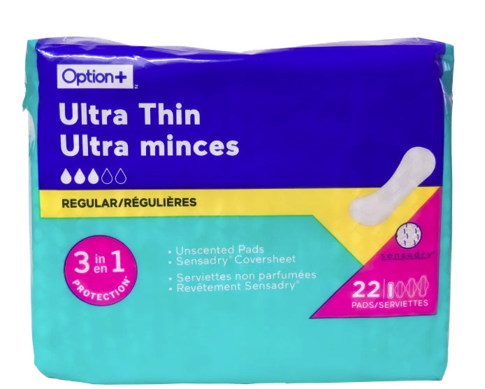 Option+ Ultra Thin Regular Absorbency Pads, Unscented, 22 Count