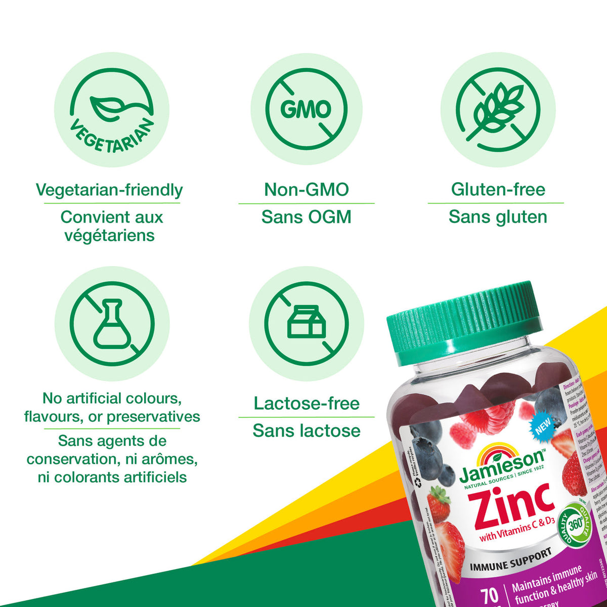 Jamieson Zinc Gummies with Vitamin C & Vitamin D3, Mixed Berry, 70 Gummies