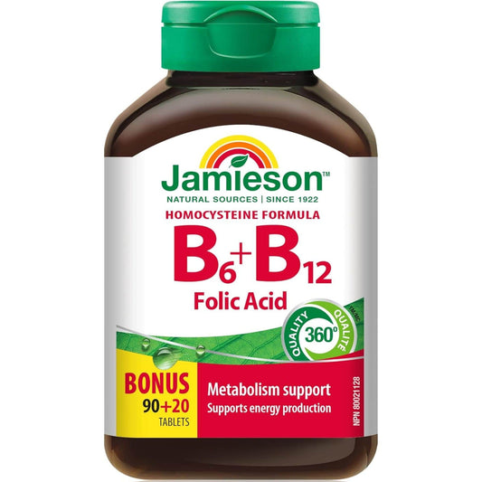 Jamieson Vitamin B6 + B12 & Folic Acid Bonus Size, 90 + 20 Tablets