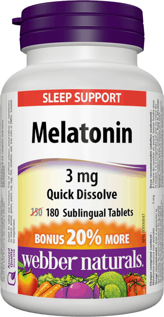 Webber Naturals Melatonin Quick Dissolve 3 mg Sublingual Tablets, 180 Count