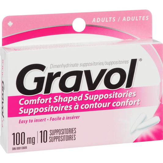 Gravol Comfort-Shaped Adult Suppositories 100 mg, 10 Suppositories