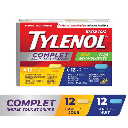 TYLENOL Extra Strength Complete Cold, Cough & Flu Day & Night Caplets, 24 Count (12 Daytime + 12 Nighttime)