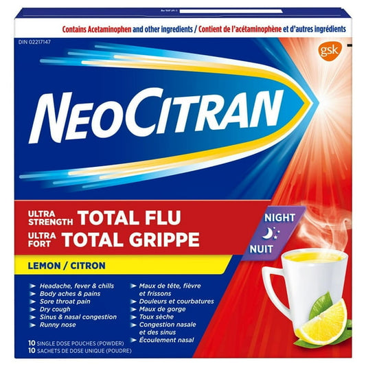 NeoCitran Ultra Strength Total Flu Night Lemon, 10 Single-Dose Pouches