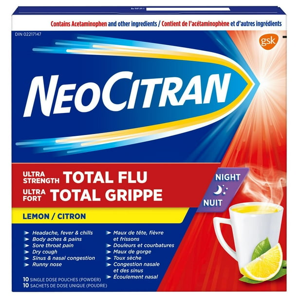 NeoCitran Ultra Strength Total Flu Night Lemon, 10 Single-Dose Pouches