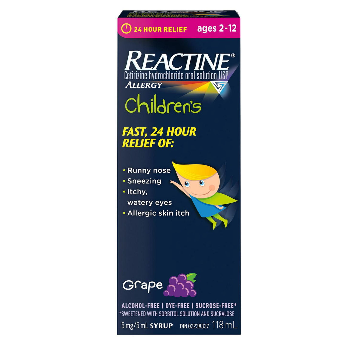 Reactine Children's Liquid Allergy Medicine, Grape Flavour, 5 mg/5 mL, 118 mL